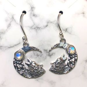 Solid sterling silver moonstone wolf earrings